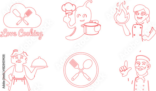Whimsical Red Outline Drawing of Chefs, Utensils, Love Cooking and Kitchen Themes on White Background