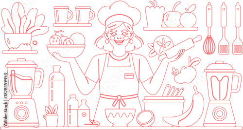 Woman Chef with Cooking Tools and Fruits, Vegetables, and Blenders Outline in Red Lines