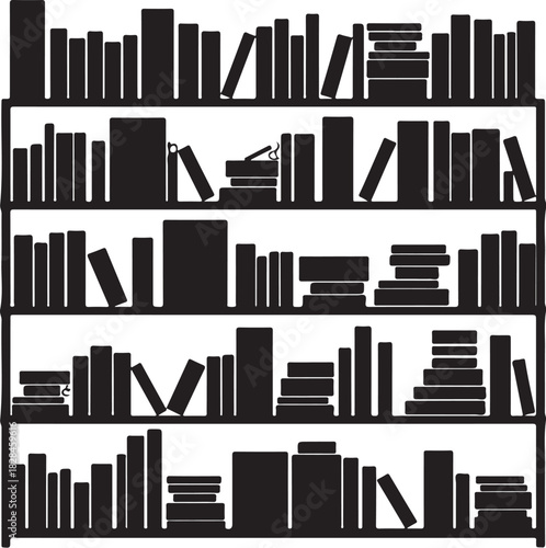 Black silhouette of four shelves filled with books