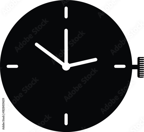 Simple black clock icon with white hands and hour markers, featuring a winding crown on the side, representing time, schedule, and punctuality