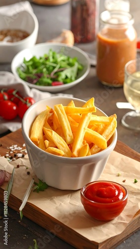 Close-up of bowl with fries on a wooden board, with sauce and extras