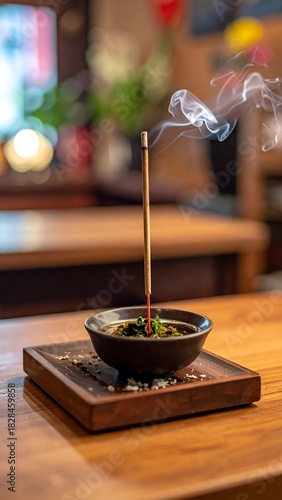 Close-up of burning incense with smoke, placed on a wooden table