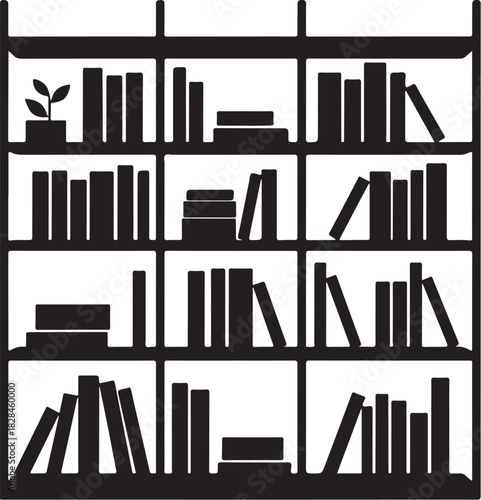 Black silhouette of four shelves filled with books