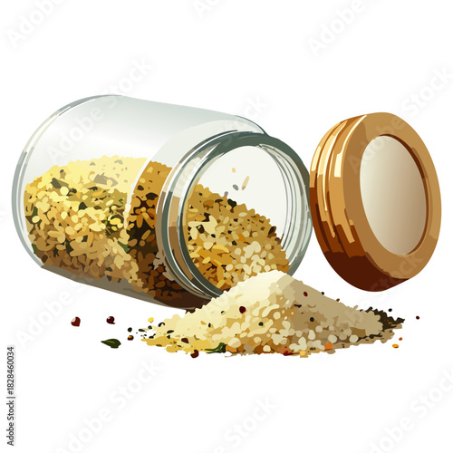 Realistic glass spice jar with spilled mixed herbs and seasoning. Vector illustration of pasta spices, oregano, basil and salt isolated