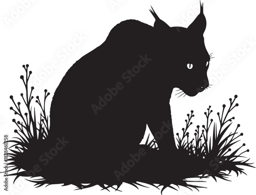 Black silhouette of a lynx sitting in grass bobcat