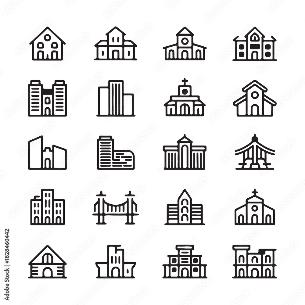 Fototapeta premium Architectural Buildings Line Icon Set Vector