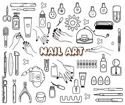 Nail art manicure and pedicure hand drawn doodle element