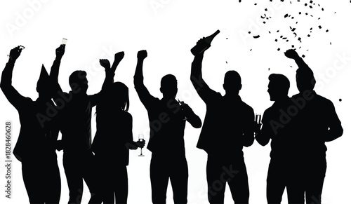 Silhouettes of a diverse group of friends celebrating a festive event with raised arms, a bottle of champagne, and falling confetti, isolated on white