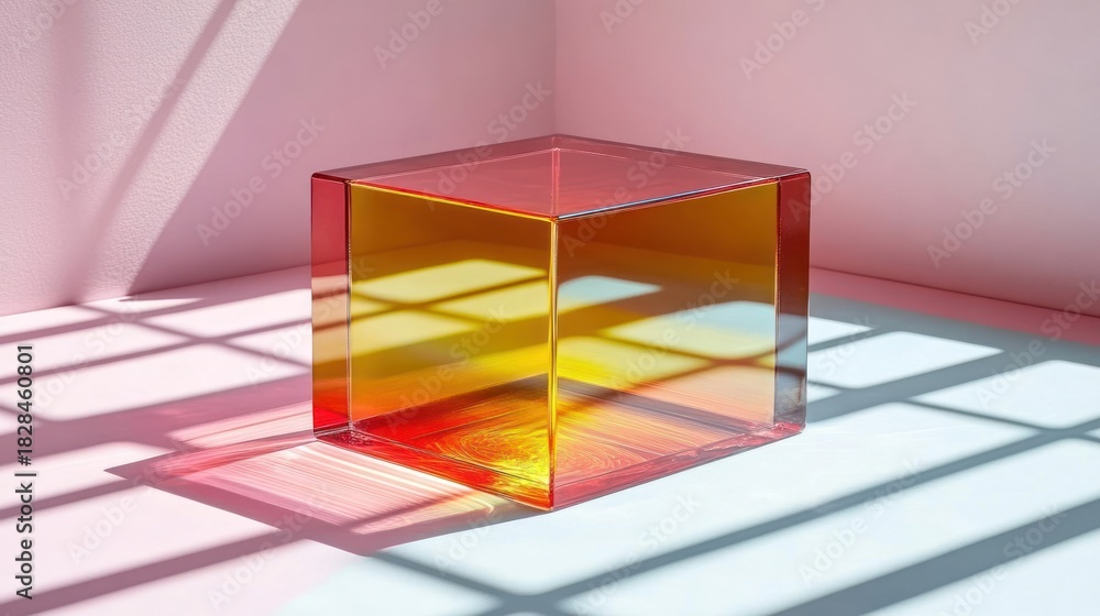 Fototapeta premium Transparent ombre cube on light pink/white floor