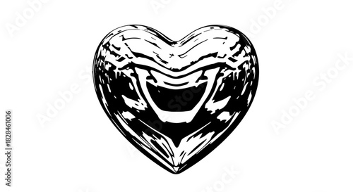 Shiny metallic heart emblem with intricate texture and bold high-contrast design.