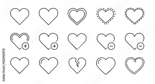 Collection of multiple simple outlined heart icons showing varied styles and spacing for decorative use.
