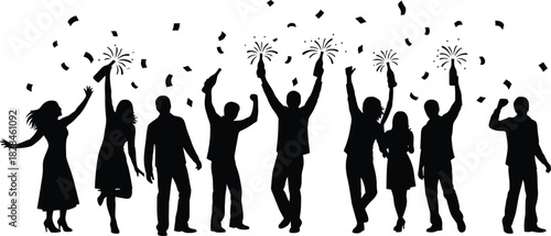 Silhouettes of people celebrating with arms raised, holding sparklers and confetti at a lively party or festive event, isolated on white background