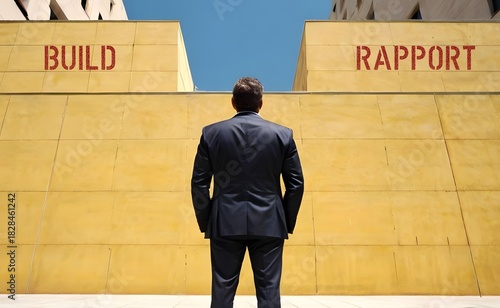 Businessman look up at building written BUILD RAPPORT - create connection with others based on mutual trust, respect, and sense of harmony - develop supportive relationship through open communication