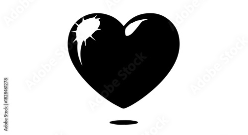 Glossy black heart silhouette graphic on white background with highlight.
