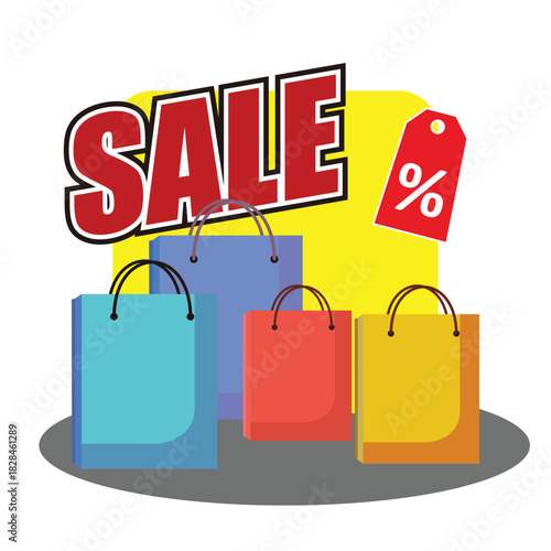 discount label design with stack of shopping bags, and sale written on it
