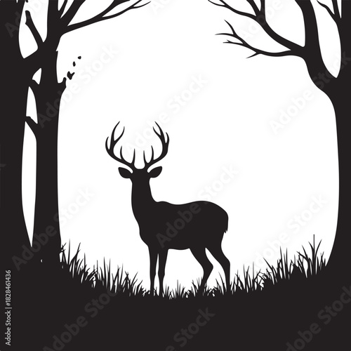 Black silhouette of a stag in a forest clearing deer