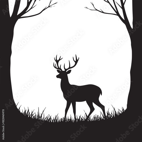 Black silhouette of a stag in a forest clearing deer