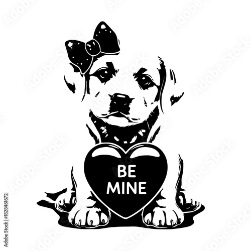 Black and white puppy holding heart with Be Mine message in a cute stencil illustration.