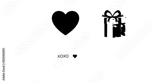 Minimal black heart and gift icon on white background, simple romance themed graphic with xoxo element.
