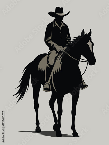Western cowboy silhouette on horseback with vintage rugged feel and timeless gray background