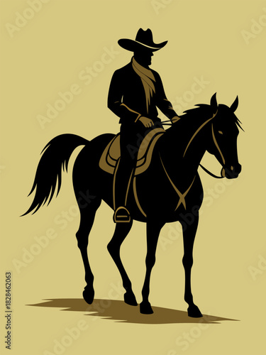 Western cowboy silhouette with horse in dynamic pose on tan background vintage retro style