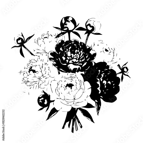 Monochrome Floral Bouquet Illustration Featuring Peonies and Roses in Silhouette.