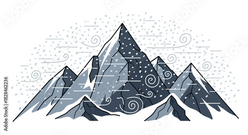 Stylized mountain range illustration with swirling winds and falling snow detail