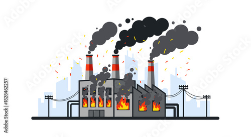 Cartoon industrial factory polluting environment with smoke and flames cityscape backdrop