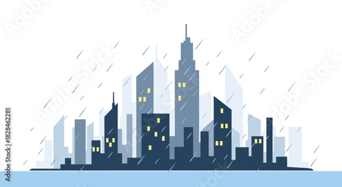 Serene cityscape silhouette under a gentle rain shower creating a peaceful atmosphere