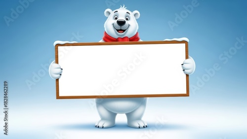 Happy 3D polar bear character in a red scarf presenting a blank wooden sign for your winter sales message or advertisement