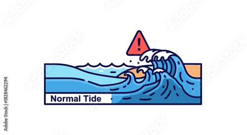 Stylized vector image of a coastal flood with a normal tide turning dangerous
