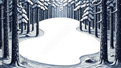 Elegant graphic illustration of a tranquil winter forest scene, showcasing a pristine, winding snow path, a blank canvas for creative designs
