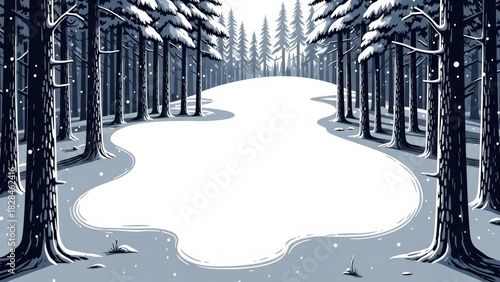 A serene winter forest landscape with a snowy clearing in the center, flanked by symmetrical rows of tall pine trees