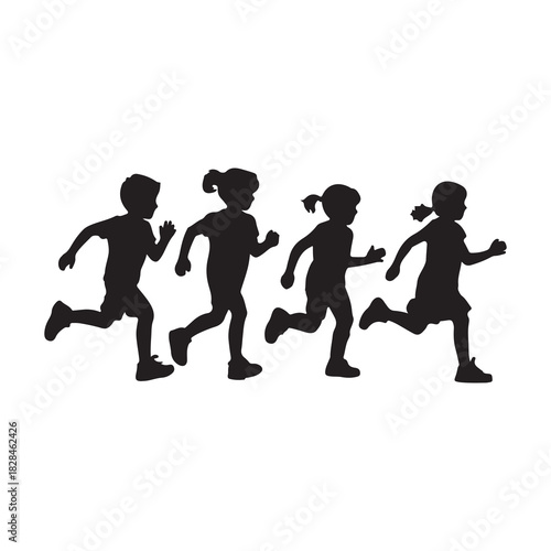Children Running Together Silhouette Vector