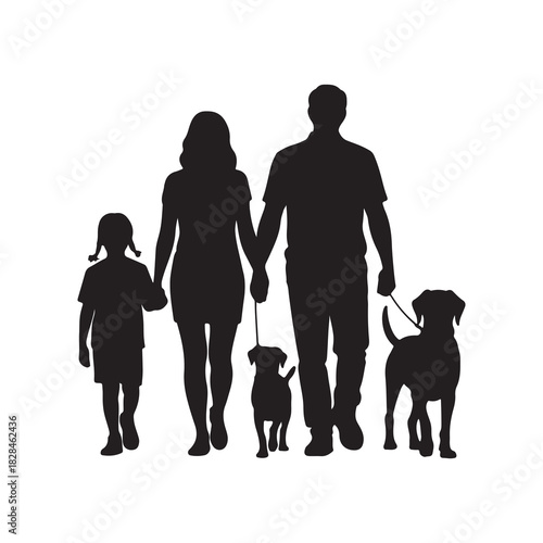 Family Walking with Dogs Silhouette Vector
