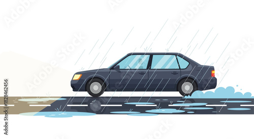 Illustrated scene of a car driving on a wet asphalt road during a rainfall depiction of