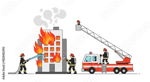 Illustrative representation of firefighters battling a burning building effectively and efficiently