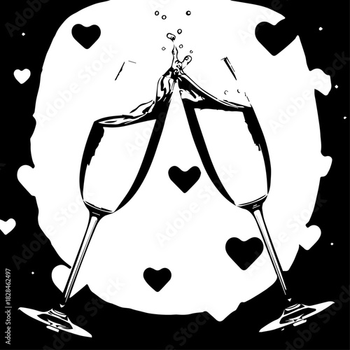 Two Champagne Flutes Clinking in a Romantic Nighttime Toast.