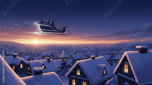 Santa's sleigh flies over a snow-covered village at sunset, creating a magical Christmas eve scene with glowing windows