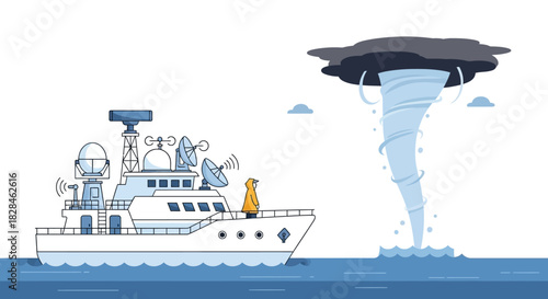 Naval weather observatory ship tracking a waterspout formation across the ocean surface