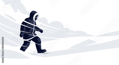 Isolated trek through the arctic wasteland with a resolute figure in the midst of a storm