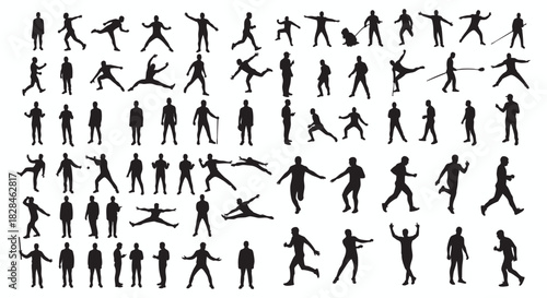 Comprehensive collection of black human silhouettes in various dynamic action poses and static positions. Vector graphic set of diverse people figures isolated on a white background for design.