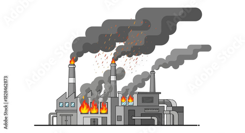 Industrial complex emitting toxic smoke and flames, symbolizing environmental damage and risk of