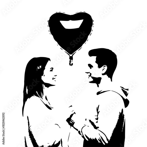 Two People in Silhouette with Heart Balloon Expressing Romance and Connection.