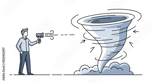 A meteorologist studies a cartoon tornado with advanced equipment for research and analysis