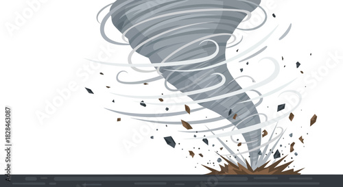 Illustration depicting a destructive tornado sweeping across the landscape with debris, showcasing
