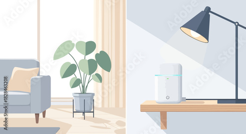 Stylized interior with smart home device promoting connectivity in living space