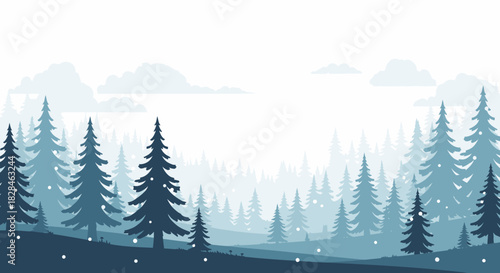 Tranquil winter woodland landscape with layered pine trees and subtle snowfall atmosphere