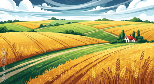 Realistic abstract illustration capturing idyllic countryside farmland, showcasing a peaceful house nestled among vast golden wheat fields and vibrant lush green meadows under a clear sky.