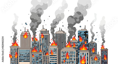 Cityscape engulfed in flames and smoke, depicting urban disaster and destruction